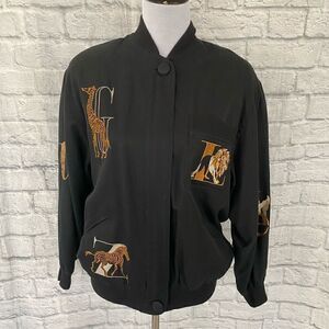 The Icing women S silk/cotton blend embroidered animal print zip jacket black